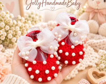 Red Crochet Baby Booties with Pearl Beads and White Bows, Handmade Baby Girl Shoes