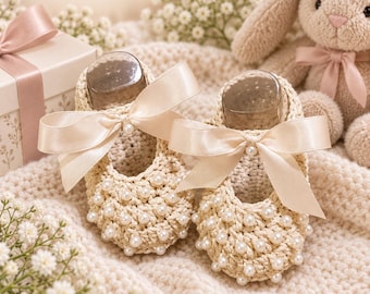 Beige Crochet Baby Booties with Pearl Beads and Satin Bows, Handmade Newborn Shoes