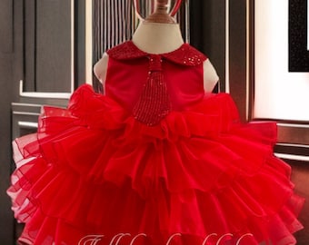 Robe rouge fleurie fille robe en tulle | Robe d'anniversaire pour fillette rouge Robe basse haute Robe en tulle rouge à volants Robe d'anniversaire pour fillette