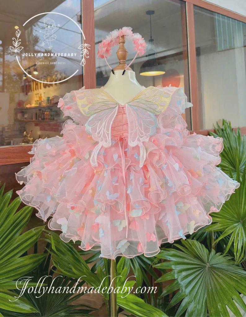 butterfly jersey tutu dress Pink Fairy for Baby Girl, Handmade Tulle Dress, Toddler Birthday Outfit, Princess Party Dress, First Birthday Dress SHI-WJ