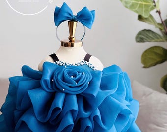 Royal Blue Organza Rose Baby Dress: Handmade Satin Party Outfit with Bow