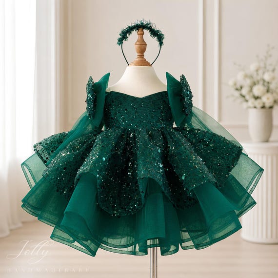 emerald green dress tulle Baby Girl Princess Dress, Sequin Toddler Birthday Dress, Puffy Party Dress, Flower Girl Dress, Handmade Baby circle skirt that’s perfect RD-01.13.25 'Persephone' Black Strapless Corset Size:W36 emerald green puffy dress