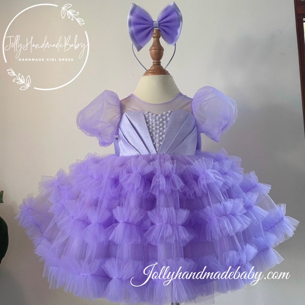 LAVENDER BABY DRESS | Girls Flower Fluffy Dress with Bow | Infant Girl Dresses | Girl Birthday Outfit | New Born Gift | Birthday Wear Dress