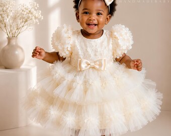Ivoren jurk voor bloemenmeisje | Luxe tutu-jurk voor baby's | Handgemaakte trouwjurk | 3D-bloemenjurk voor peuters | Doop- of verjaardagsoutfit