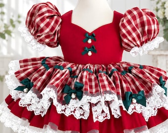 Girls Christmas Dress with Gingham Puff Sleeves, Layered Lace Skirt & Matching Hair Clip, Red Holiday Party Outfit
