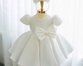 White Baptism Dress for Baby Girl, Christening Dress with Pearls, Elegant Baby Blessing Outfit, Flower Girl Dress, First Communion BabyDress