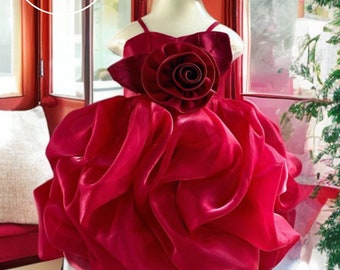 Rotes Blumenmädchenkleid Tüllkleid | Geburtstagskleid für Mädchen, rotes Tüllkleid, niedriges, hohes Kleid, rotes Tüllkleid, Rüschenkleid für Geburtstagsmädchen