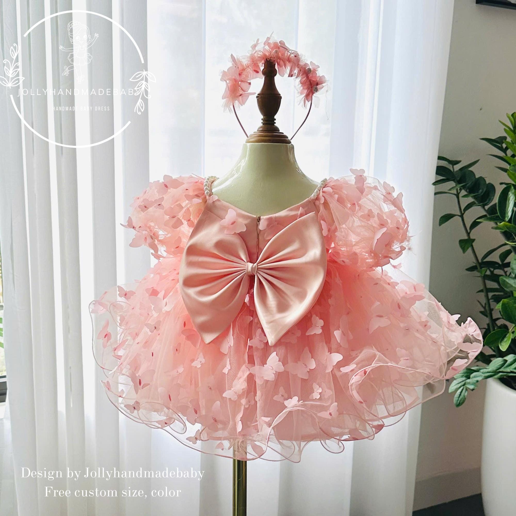 Pink Butterfly Baby Dress, First Birthday Girl Dress, Blush Tulle Tutu, Puffy Sleeve Toddler Dress, Handmade Custom Size Outfit