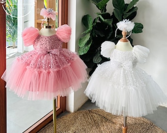 Handmade Blush Tulle Ruffle Dress: Baby Birthday Outfit