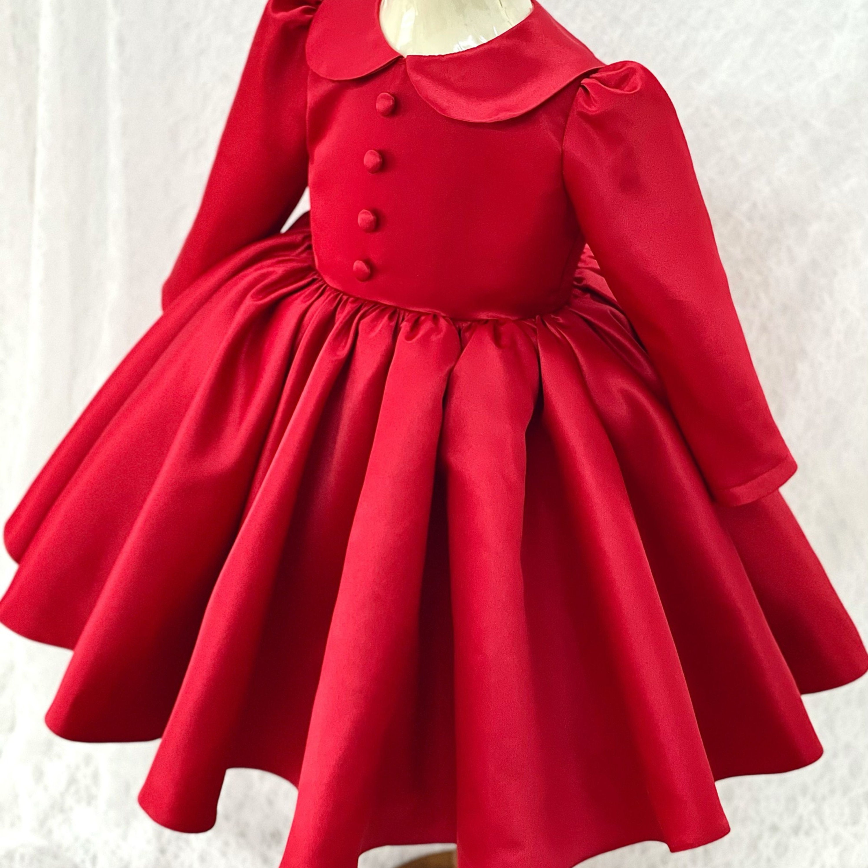 Satin Draped Dress with Flowers in Red