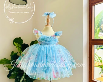 Robe fille La Reine des neiges Elsa - Elsa taille personnalisée - Thème anniversaire Elsa - Robe en tulle bleue