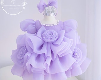Abito da damigella color lilla, abito da principessa per bambina, abito in tulle vaporoso per neonata, abito di compleanno color lavanda, abito per neonata fatto a mano, abito da damigella d'onore