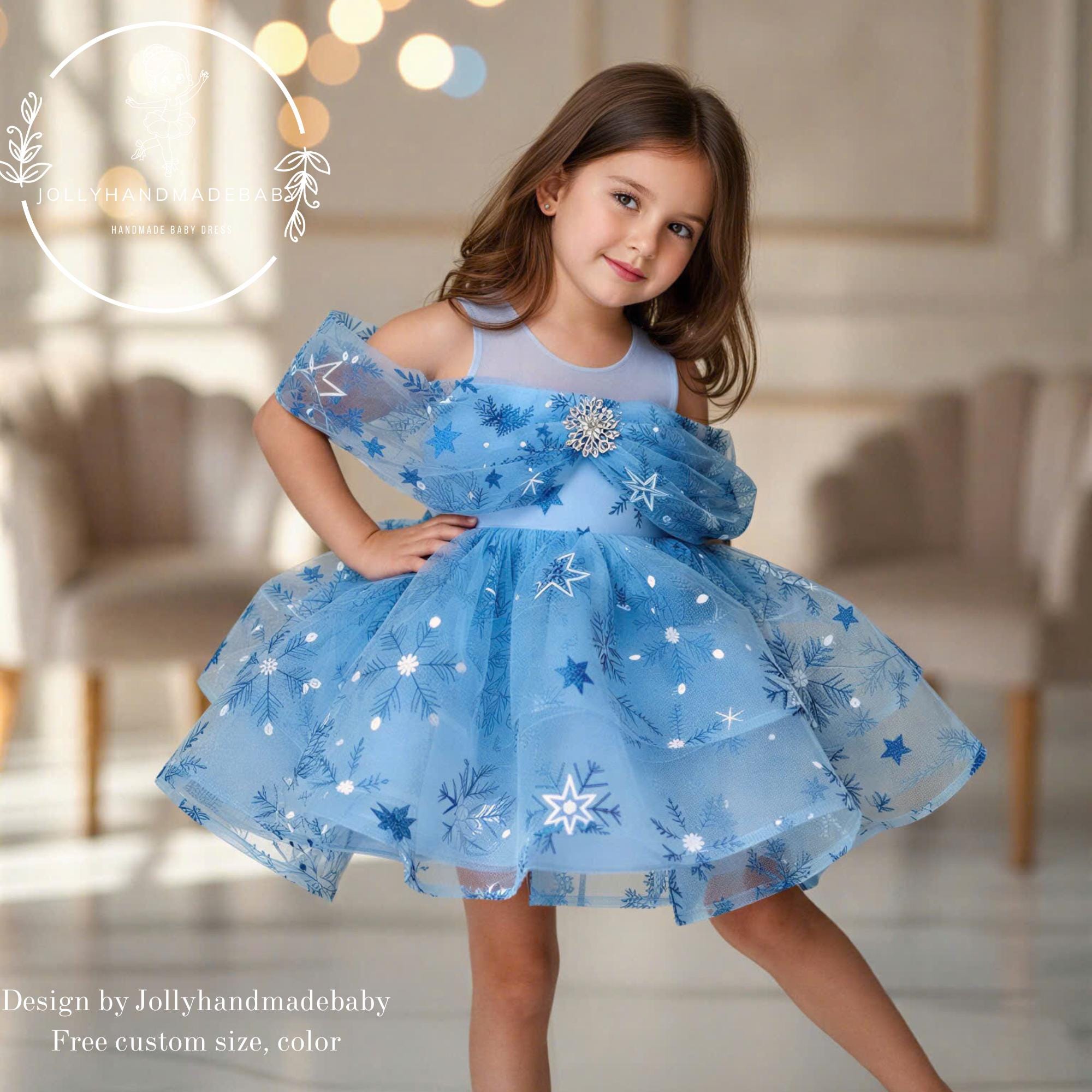 Blue Snowflake Tulle Dress for Baby Girls, Ice Blue Winter Baby Dress, Handmade Baptism & Photoshoot Outfit