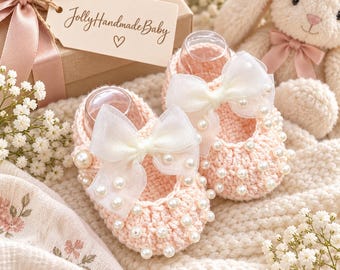Peach Crochet Baby Booties with Pearl Beads and White Bows, Handmade Newborn Shoes