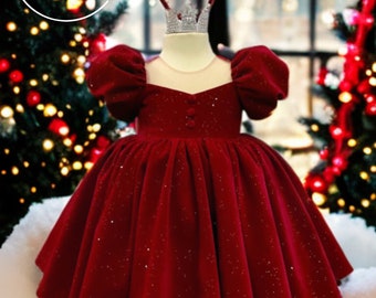 Weihnachten Mädchen, Luxus Samt Weihnachten Kinderkleid, Elegantes Baby Rot Samt Kleid, Baby Kleinkind Kleid für besondere Anlässe, Geschenk für Baby