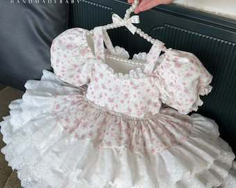 Ivory Pink Floral Lace Dress for Girls, Puff Sleeve Tiered Flower Girl Dress