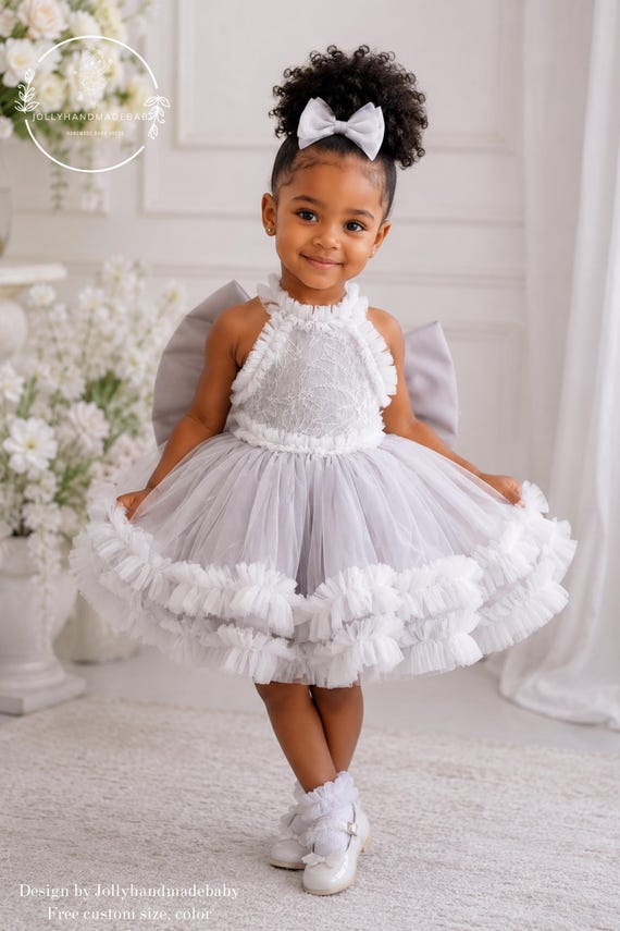 light grey tutu dress Gray Baby Dress, Handmade Baby Girl Birthday Dress, Gray Flower Girl Dress, First Birthday Outfit, Luxury Lace Toddler Men’s Suspenders