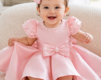 Pink Baby Girl Dress, Rosette Toddler Dress, Flower Girl Dress, Birthday Tutu Dress, Princess Baby Dress, First Birthday Outfit Girl
