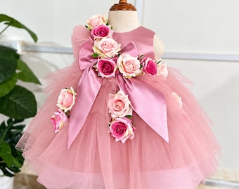 Dusty Rose Satin Flower Girl Dress, Handmade Rose Tulle Birthday Dress, Princess Party Gown for Baby Girl