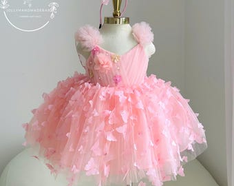 Pink Butterfly Flower Girl Dress, Baby Girl Birthday Dress, Toddler Princess Tulle Dress, Butterfly Tutu Dress, Wedding Dress