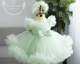 Sage Tulle Baby Dress: Handmade Ruffle Skirt, Floral Headband