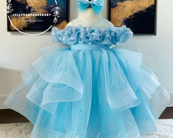 Robes bleues pour bébé fille - Robe d'anniversaire pour fille | Robe de cérémonie pour fille | Robe en tulle faite main