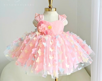 Robe en tulle rose papillon pour petites filles, robe d'anniversaire pour enfant, robe de princesse féerique, tenue pour séance photo « Smash the Cake », robe de demoiselle d'honneur, robe de fête pastel