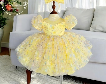 Yellow Sequin Tulle Baby Dress: Handmade Flower Girl Outfit