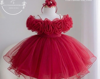 Handmade Red Rose Tulle Dress – Elegant Holiday Party Outfit for Girls