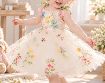 Ivory Floral Tulle Baby Girl Dress, Embroidered Flower Girl Outfit, First Birthday Photoshoot Dress, Lace Bow Headband