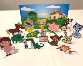 Pets Paper Craft-INSTANT DOWNLOAD-8 1/2 X 11-Craft for Kids-15 cut outs with stands of pets plus a background