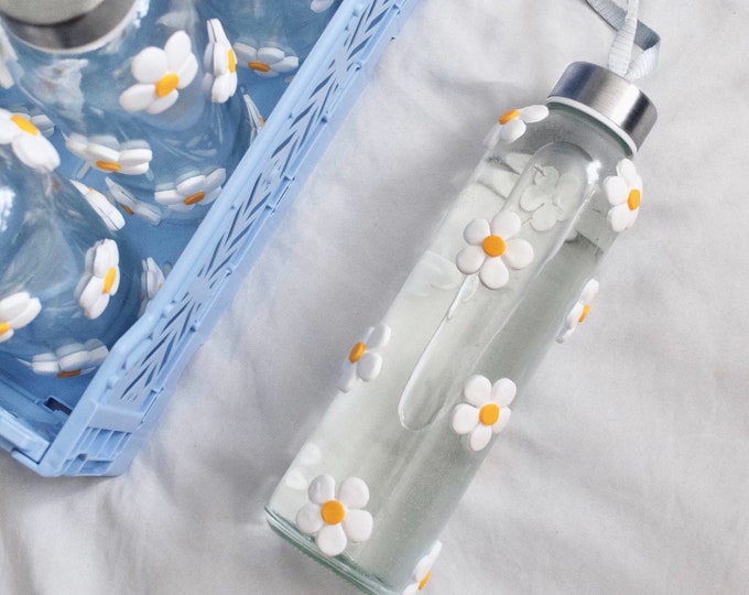 Original Daisy Water Bottle © 2021 Glass Travel Flask Flower Etsy UK