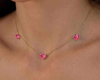 Pink Tourmaline Heart Necklace, Feminine Gold Filled Chain Jewelry for Women