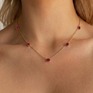 Natural Ruby Station Necklace Gold, Oval Ruby Necklace, Dainty Red Gemstone Chain, July Birthstone Jewelry, Gift for Her