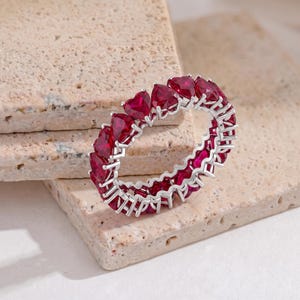 Ruby Heart Cut Eternity Ring, Ruby Wedding Band, Gemstone Promise Ring, 925 Silver Bridal Ring, Gift for Her