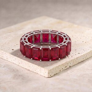 Ruby Octagon Cut Full Eternity Band Ring, Gemstone Promise Ring, Handmade Wedding Band, Anniversary Gift for Her, Bridal Jewelry