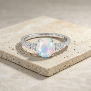 Natural White Opal Solitaire Ring, 925 Silver Opal Ring, October Birthstone Ring, Minimalist Jewelry, Gift for Her, Dainty Stackable Ring