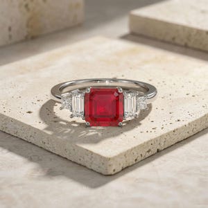 Könnte beinhalten: Ein silberner Ring mit einem großen, quadratisch geschliffenen, leuchtend roten Edelstein als Mittelpunkt, flankiert von zwei kleineren, rechteckigen, klaren Edelsteinen. Der Ring liegt auf einer neutralen Oberfläche, die das Funkeln der Edelsteine hervorhebt.
