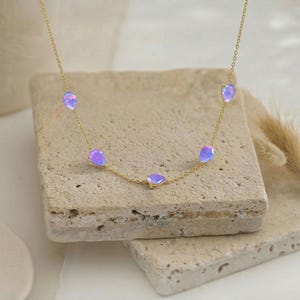 Lavender Fire Opal Necklace Gold, Pear Opal Station Necklace, Dainty Opal Chain, October Birthstone Jewelry, Minimalist Layering Necklace
