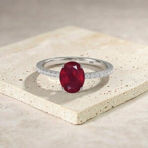Oval Ruby Ring 925 Sterling Silver, Natural Ruby Engagement Ring, Dainty Diamond Band, July Birthstone Gift for Her