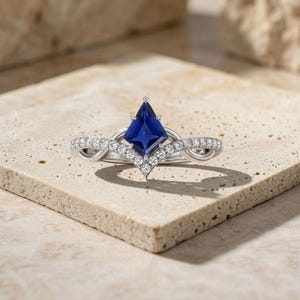 Blue Sapphire Wishbone Ring in Sterling Silver, September Birthstone Ring, Royal Blue Curved Band, Minimalist Stacking Ring Gift for Her