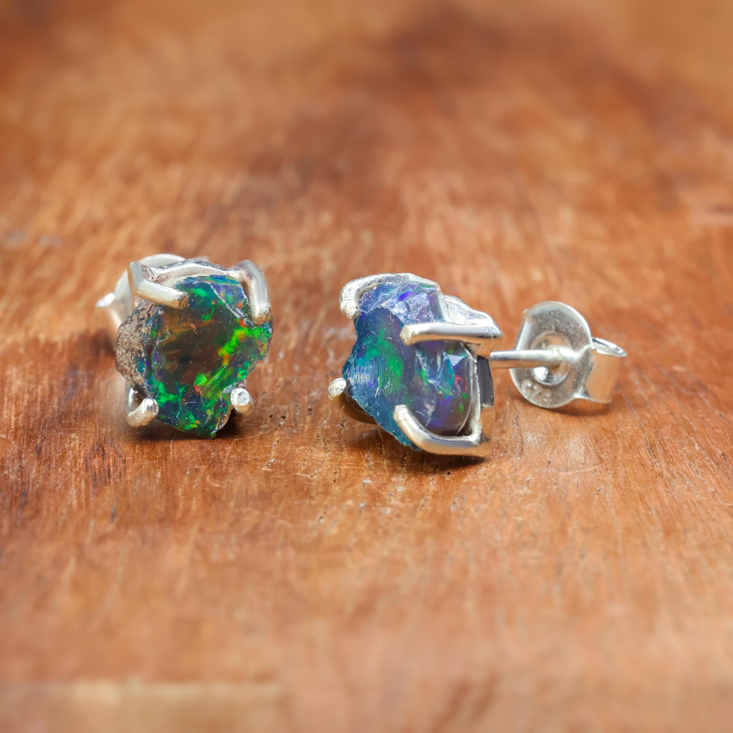 Raw black fire opal stud earrings for women, Vintage fire opal earrings, AAA Ethiopian opal earrings, Minimalist earrings, Genuine fire opal