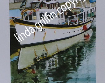 A Padstow Harbour art print. Boats moored at Padstow Harbour , Cornwall. An open edition lithographic print. High quality Cornish print