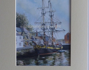 Padstow Harbour in Cornwall, Ship in the harbour. high quality lithographic print. Mounted or unmounted.