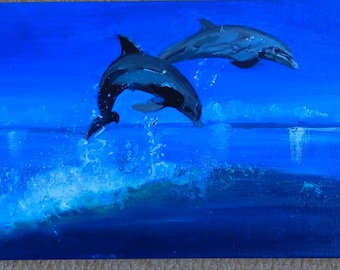 イルカの絵画：オリジナル油絵、満月の海景（10x10） - Etsy 日本