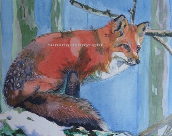 Fox art print. Fox painting. Wildlife art. Fox watercolour mounted print.