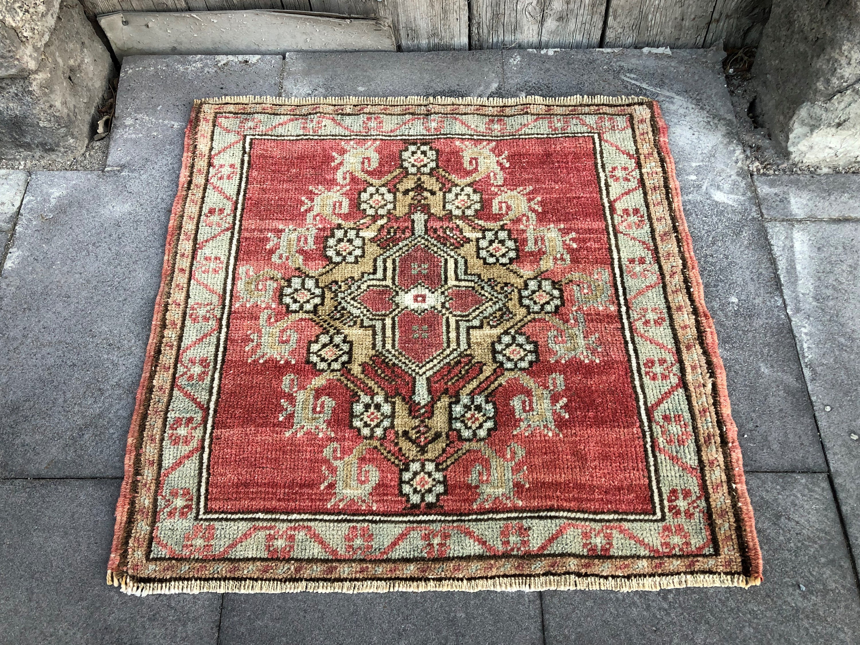 Turkish Square Door Mat, Neutral Vintage Area Rug, Small Oushak Rug, 2x2 Rug  Square, Blue Kitchen Rug, Entry Rug, Outdoor Patio Rug 2'2x2'2 