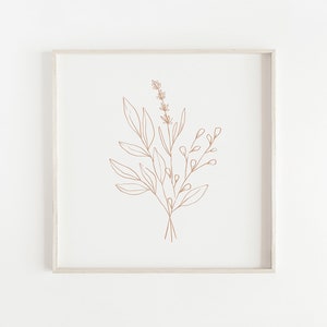May include: A framed print of a line drawing of a bouquet of flowers in brown on a white background.