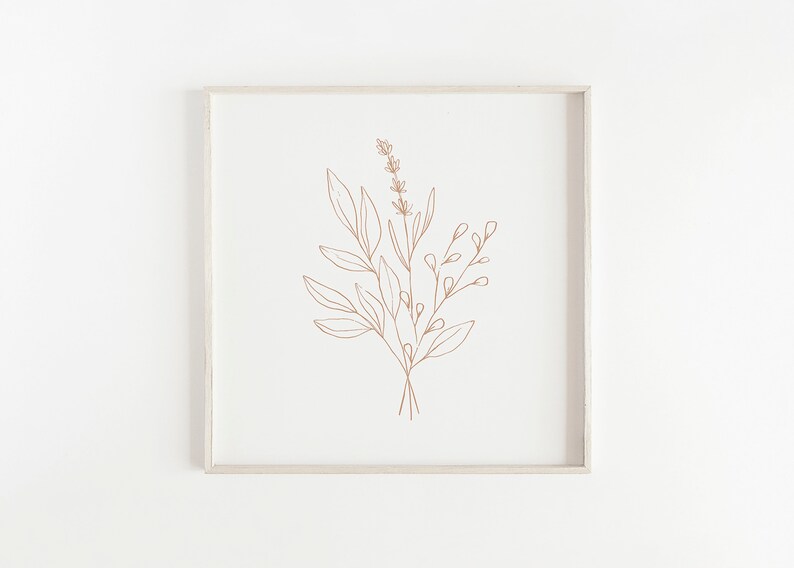 May include: A framed print of a line drawing of a bouquet of flowers in brown on a white background.