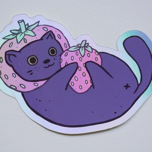 Erdbeer Katze Holographischer Sticker Bild 6